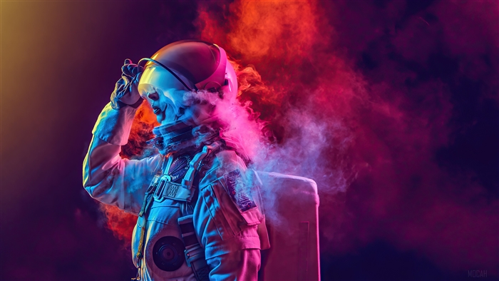 Astronaut in colorful smoke