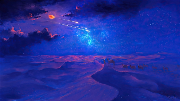 Desert landscape with camels under a starry night sky with comets
