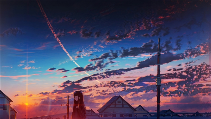 Anime Sunset Sky with Clouds and Silhouette
