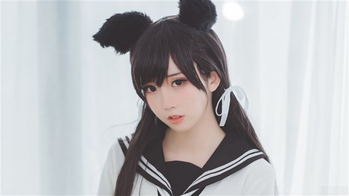 Japanese Cosplayer in School Uniform with Cat Ears 4K