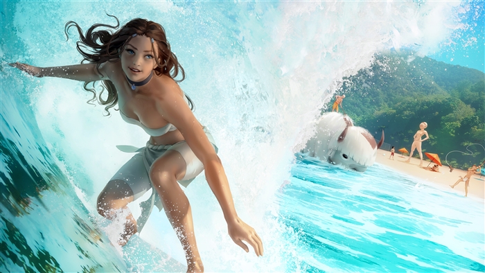 Katara surfing a wave from Avatar The Last Airbender 4K