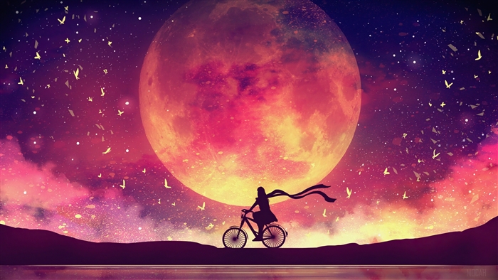 Girl riding a bike under a large moon