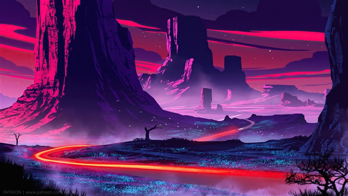 Neon Path Through Mystical Night Landscape 4K