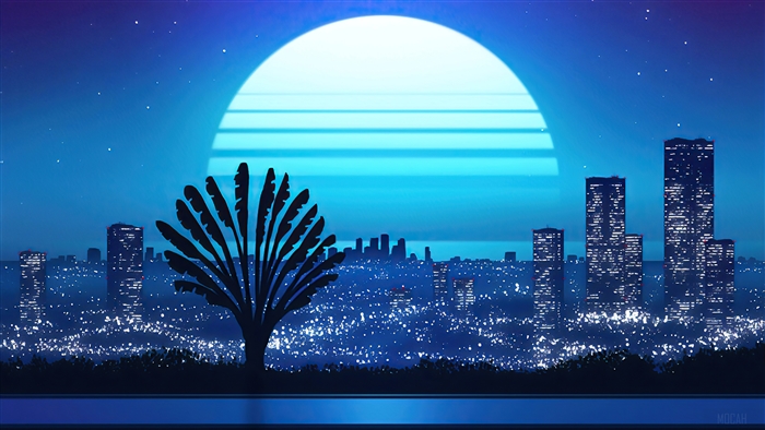Minimalist Night Cityscape with Bright Moon 4k
