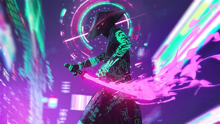 Cyberpunk Neon Warrior with Glowing Sword 4K