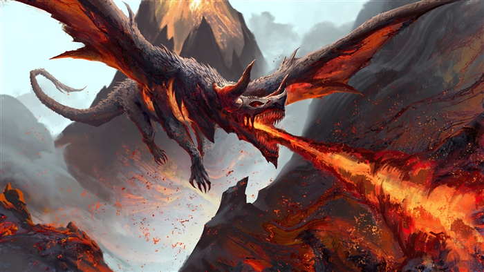 Fiery Dragon Breathing Flames in Volcanic Landscape 4K