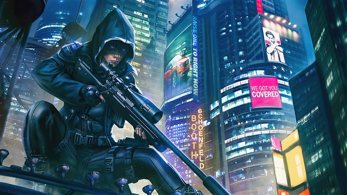 Cyberpunk Sniper Assassin at Night in Futuristic City 4K