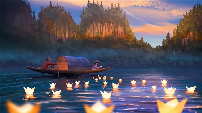 River with floating candles and boat at sunset