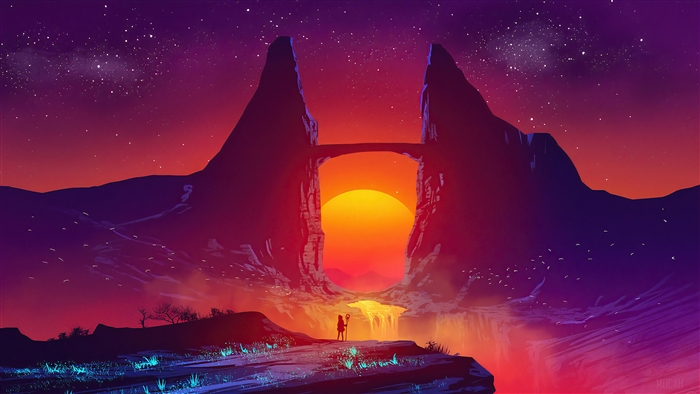 Fantasy Sunset Between Towering Rock Formations 4K