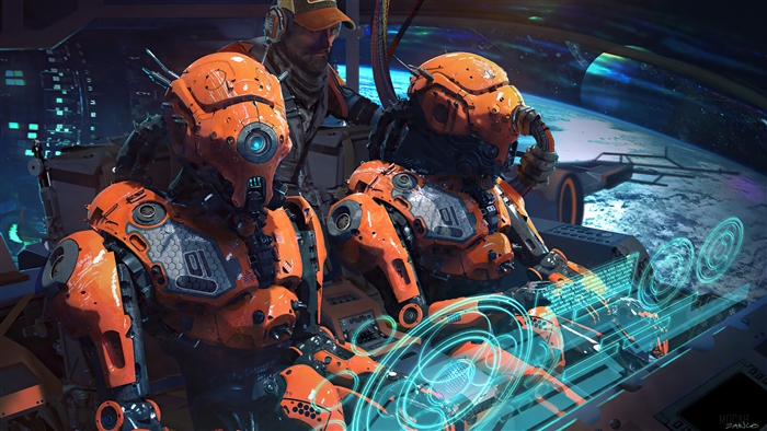 Sci Fi Orange Robot Pilots with Holographic Interface 4k