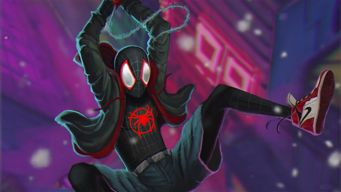 Miles Morales Spider-Man Swinging in Neon City 4K