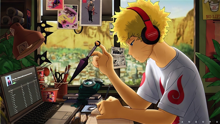 Naruto Uzumaki Studying with Headphones and Kunai 4K