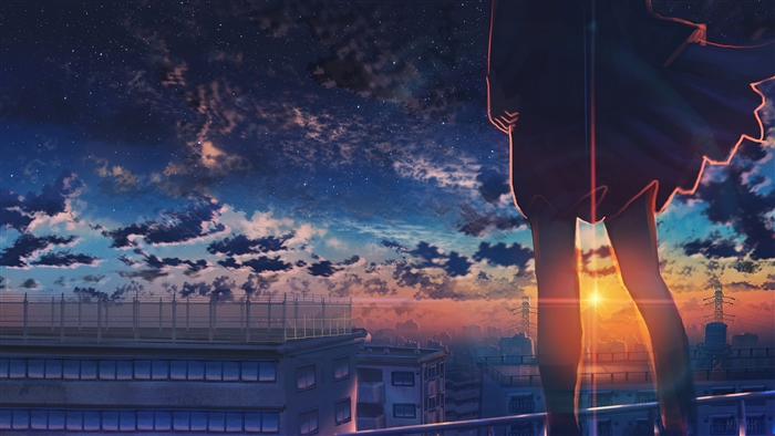 Anime girl watching sunset over city 4K
