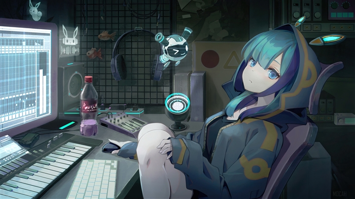 Blue-Haired Girl Relaxing in Futuristic Music Studio 4K
