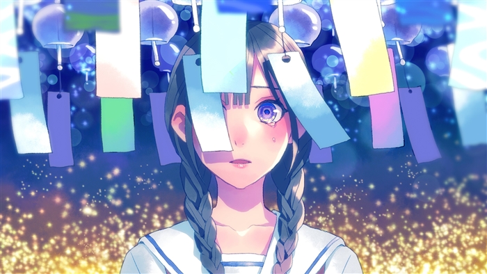 Anime girl with tears and wind chimes 4K