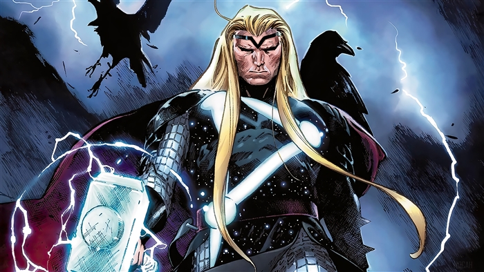Thor Holding Mjolnir with Lightning and Ravens 4K