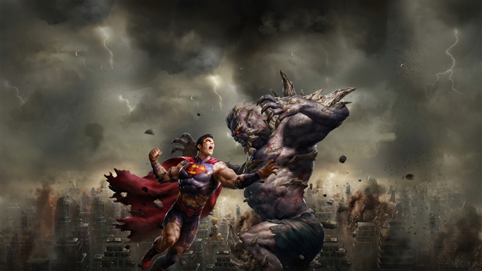 Superman fighting Doomsday in a destroyed city