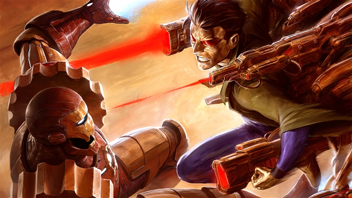 Iron Man vs. Machine Man in battle