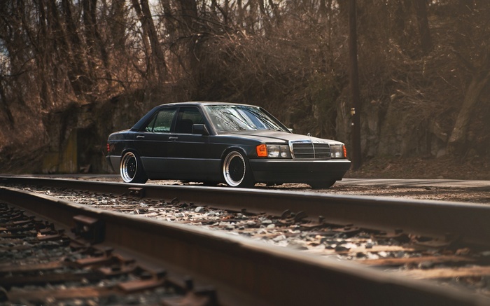 Mercedes-Benz 190E on train tracks