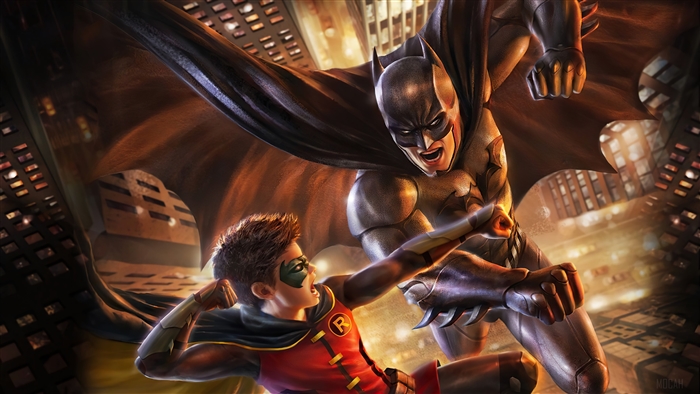 Batman and Robin fighting in a city at night 4K