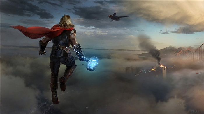 Thor from Marvel Comics with Mjolnir over a foggy city