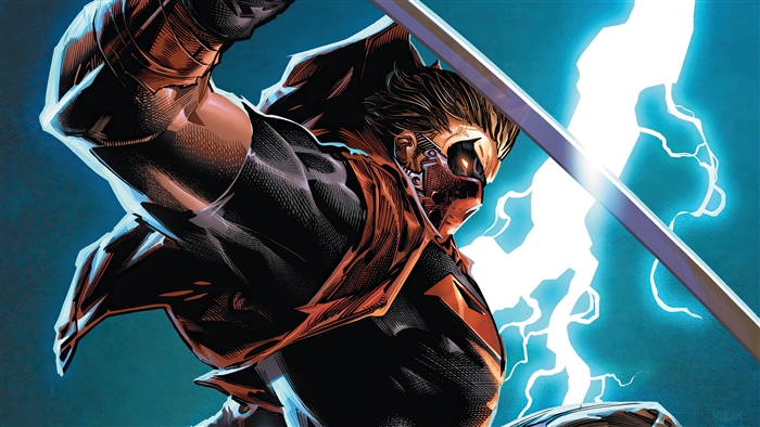 Red Hood from DC Comics with a sword and lightning