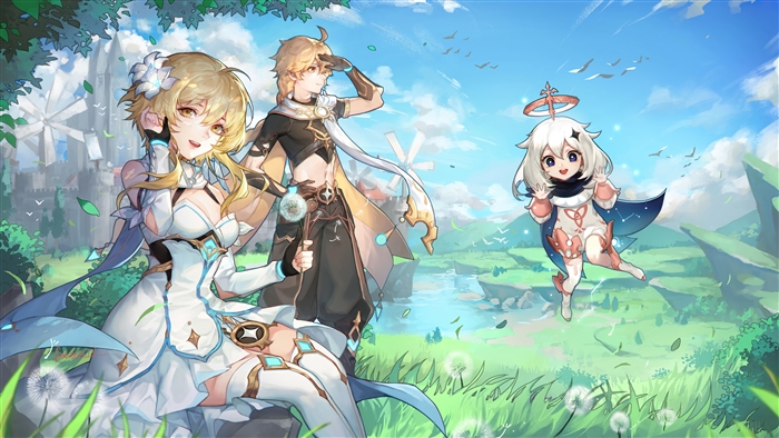 Genshin Impact Traveler and Paimon in Sunny Meadow 4K