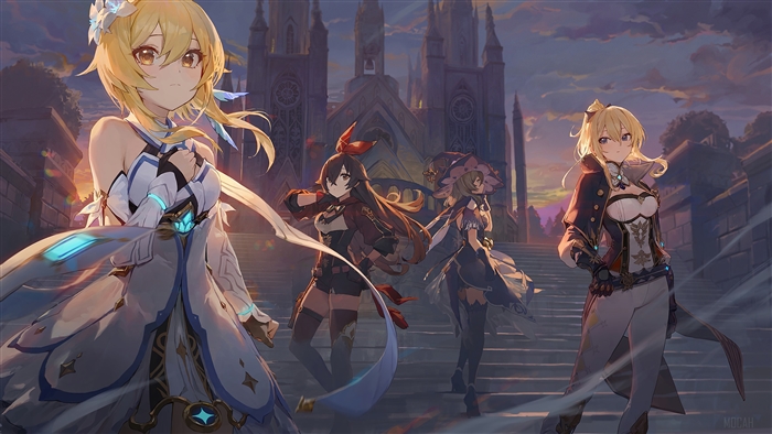 Genshin Impact Female Characters at Sunset 4K