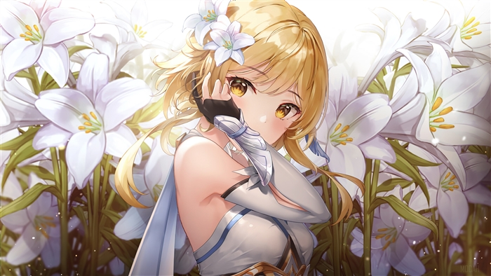 Lumine from Genshin Impact with white lilies