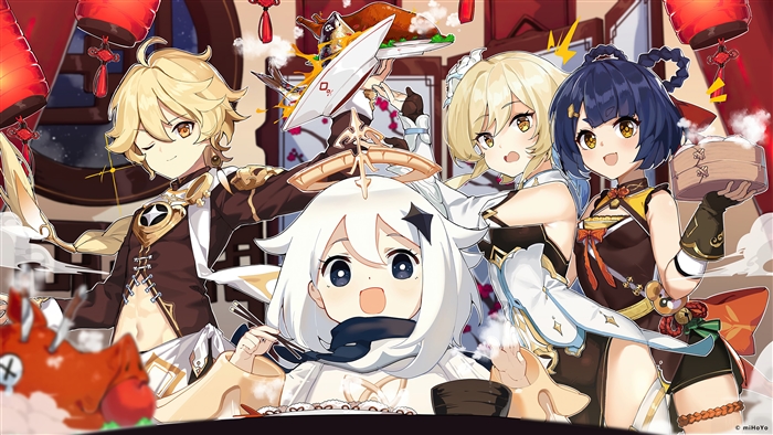 Genshin Impact characters Paimon, Traveler, and Xiangling eating