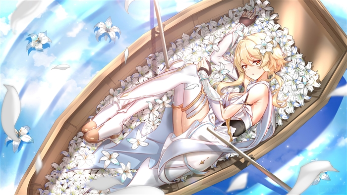 Genshin Impact Traveler in a Boat with Flowers 4K