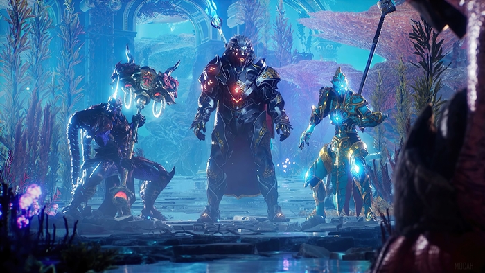 Godfall characters Silvermane, Aegishorn, and Typhon 4K