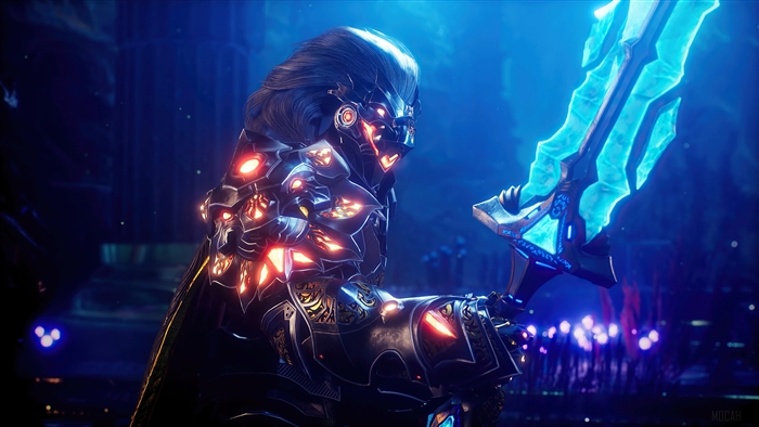 Silvermane from Godfall holding a glowing sword 4K