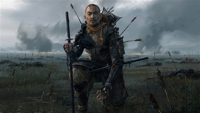 Samurai warrior with arrows in armor in Ghost of Tsushima 4K