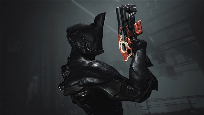 Warframe character holding a gun