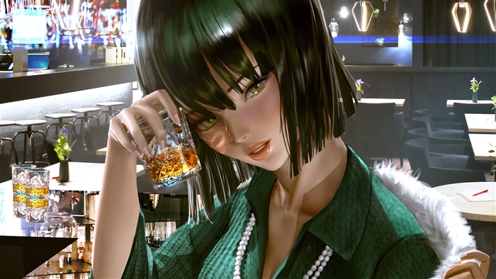 Fubuki from One Punch Man holding a drink