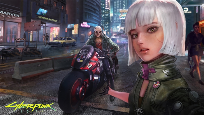 Cyberpunk 2077: Girl and Man on Motorcycle in City