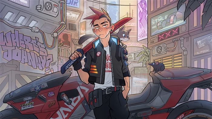 Cyberpunk 2077 character with motorcycle and cat