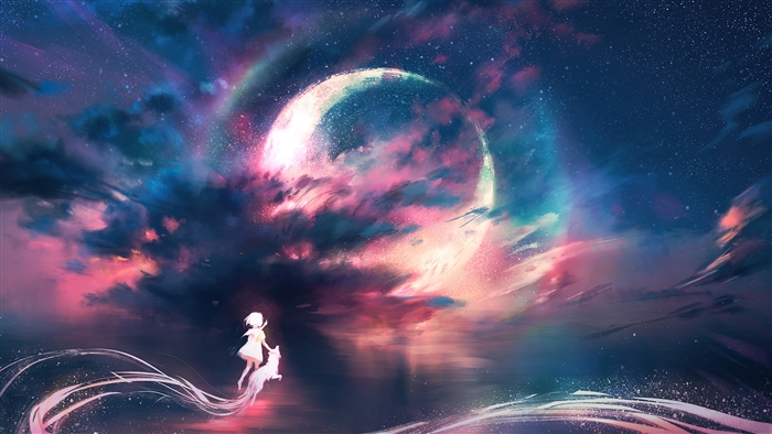 Mystical Night Sky with Moon and Girl in White Dress