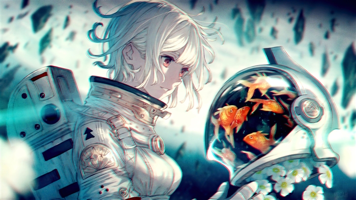 Anime Astronaut Girl with Goldfish in Helmet 4K