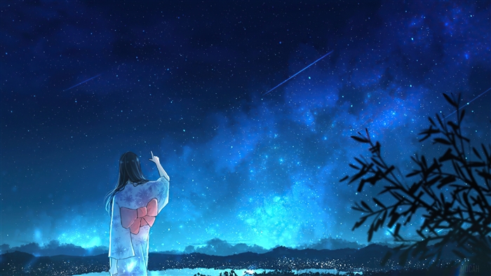 Anime girl in kimono watching shooting stars 4K
