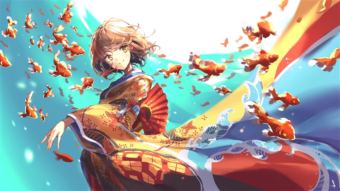 Anime Girl in Flowing Kimono with Goldfish 4K