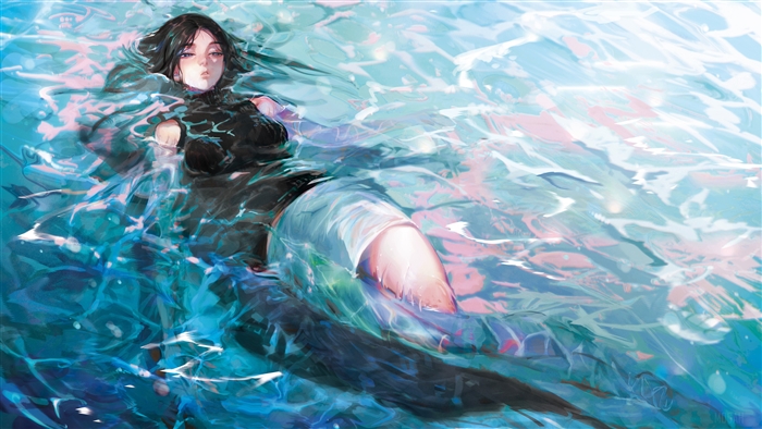 Anime Girl Floating Peacefully in Water 4k