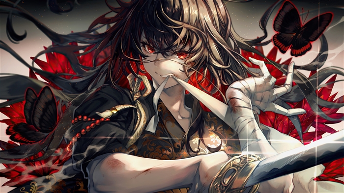 Anime Guy with Katana and Butterflies 4K