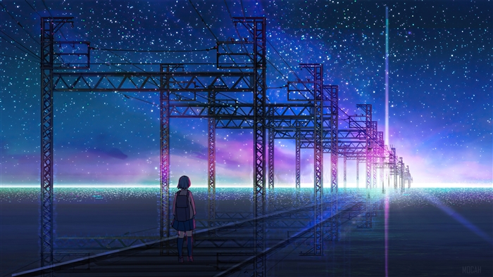 Anime girl on train tracks under starry sky