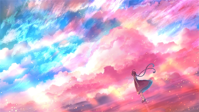 Anime girl with braids in a colorful sky