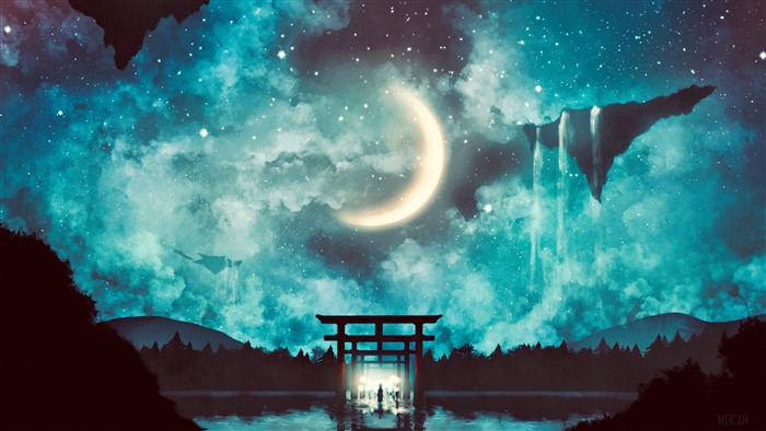 Mystical Shrine Gate Beneath a Starry Night Sky 4K