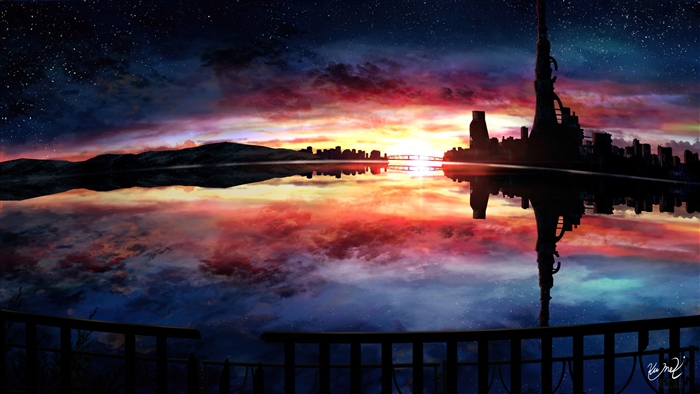 Anime Cityscape Reflection at Sunset 4K