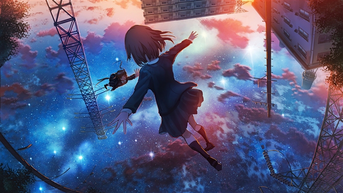 Anime Girls Flying Through a Starry Sunset Sky 4k
