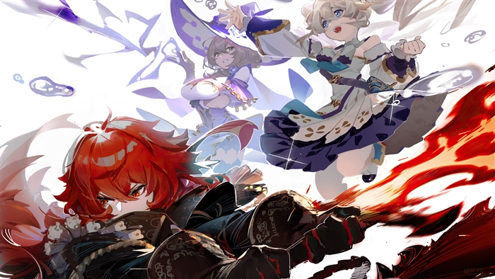 Genshin Impact 4K Featuring Diluc, Barbara, and Lisa